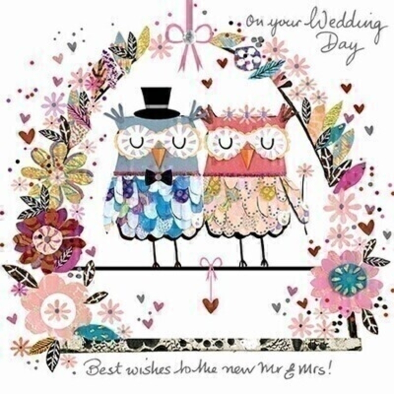 Mr and Mrs Owl Wedding Card by Paper Rose This Wedding greetings card from Paper Rose is decorated with a 3D pink Mrs Owl and a 3D blue Mr Owl sitting on a love swing decorated with flowers with ON YOUR WEDDING DAY BEST WISHES TO THE NEW MR AND MRS written in siver on the front. The card is perfect to send to someone celebrating getting married and it has Wishing  you both a very happy future together written on the inside. Comes complete with a silver envelope.